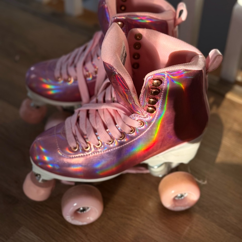 Shimmering Pink Holographic Roller Skates
